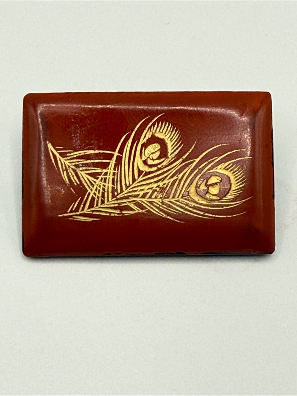 Antique lacquer Estate etched Peacock Feather Red Rectangular pin brooch deco - Picture 2 of 16
